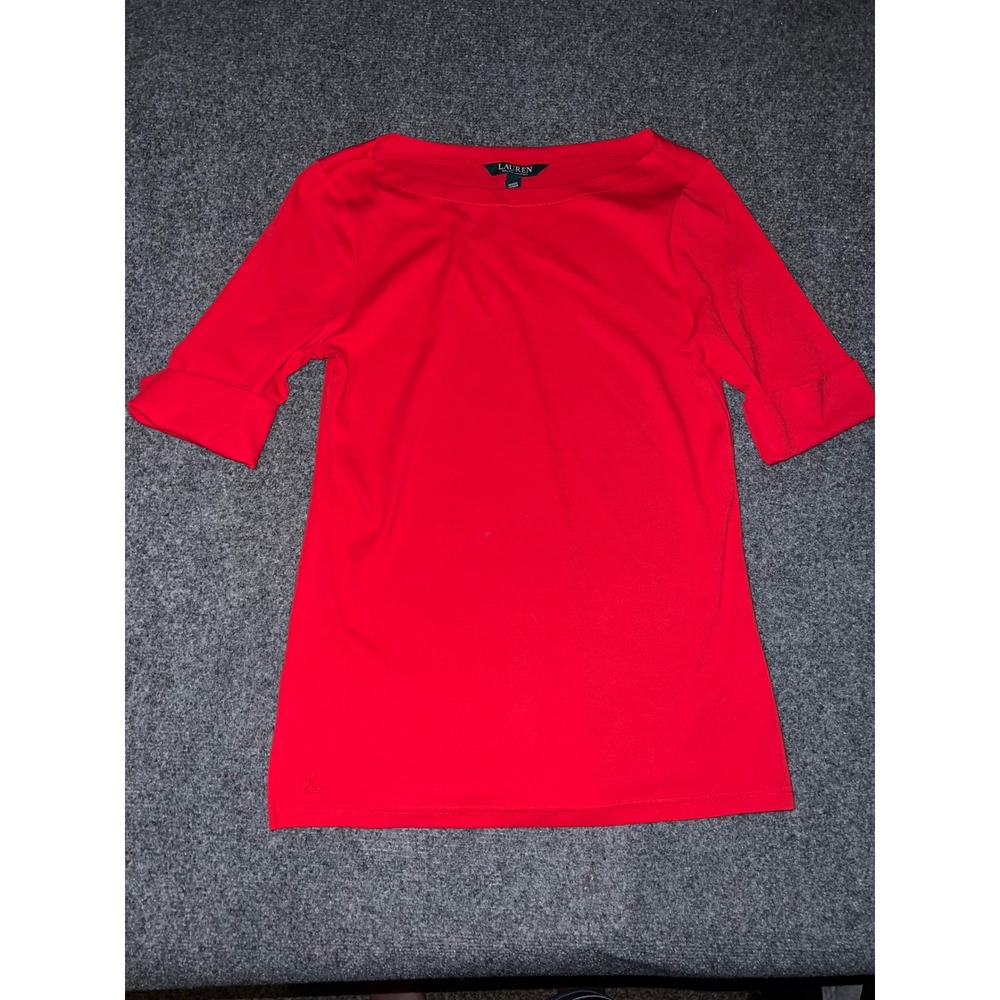 Lauren Ralph Lauren Red Boat Neck Cuffed Short Sleeve Top Size M